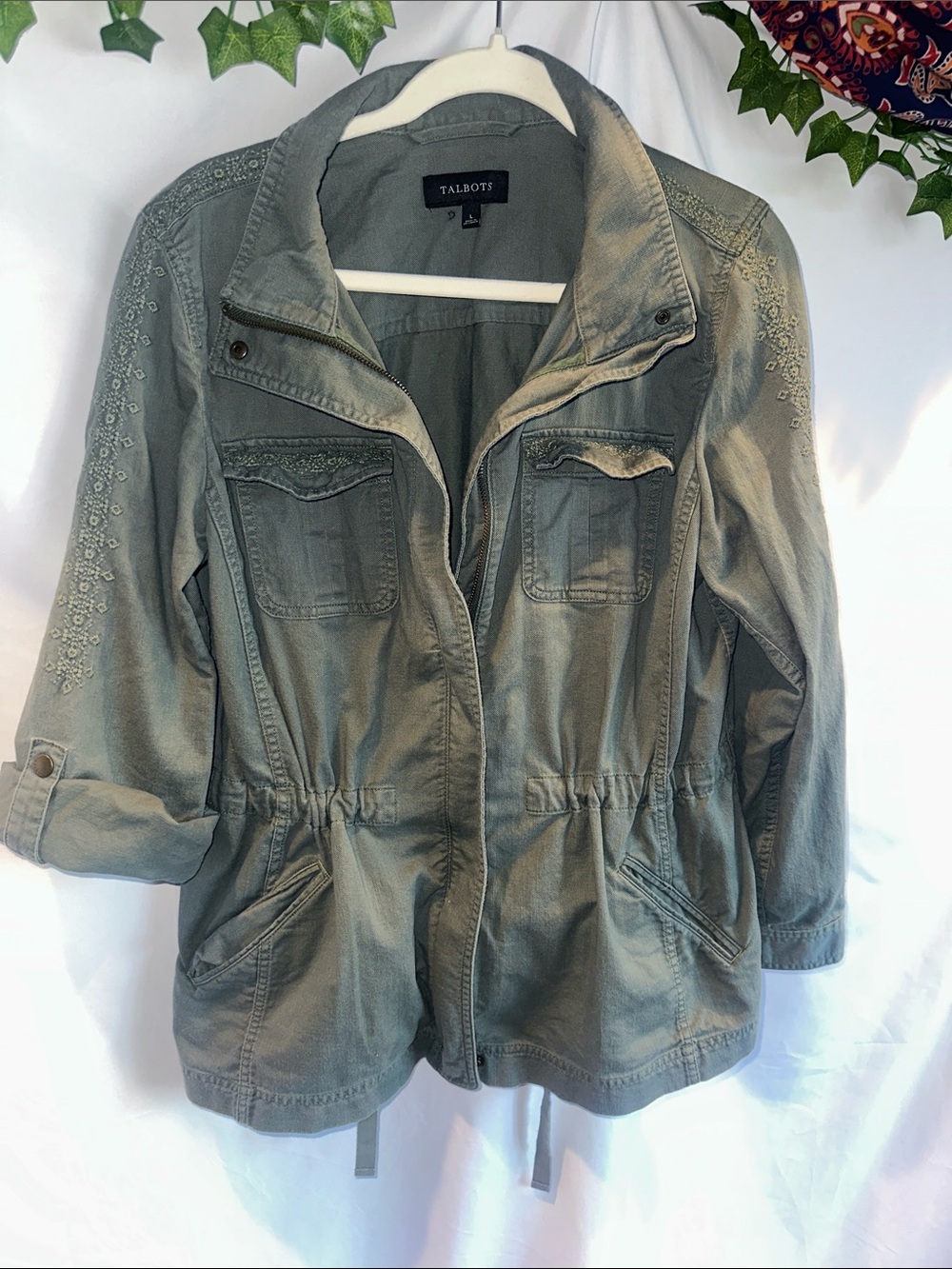 Talbots Olive Utility Jacket with Embroidered Sleeves